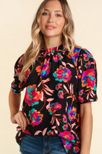 Black Floral Bubble Puff Sleeve Top