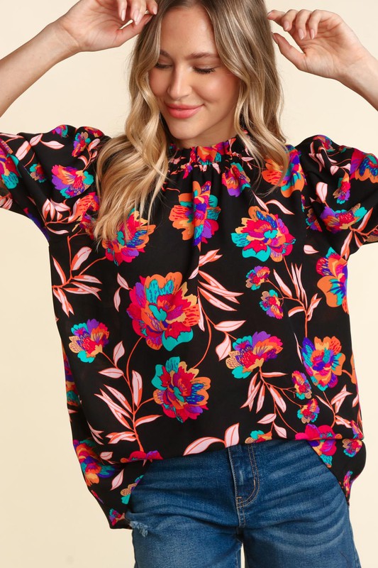 Black Floral Bubble Puff Sleeve Top