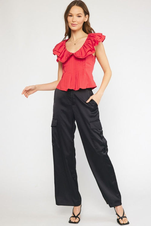 Red Ruffle Pleated Top