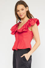 Red Ruffle Pleated Top