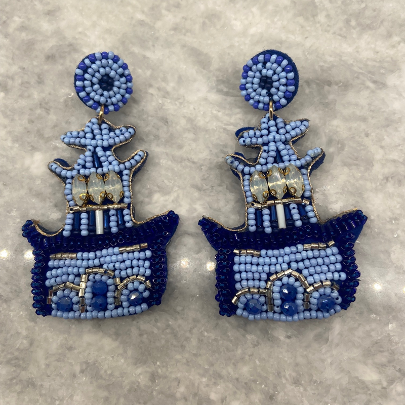 Designer Inspired Blue Pagoda Beaded Earrings