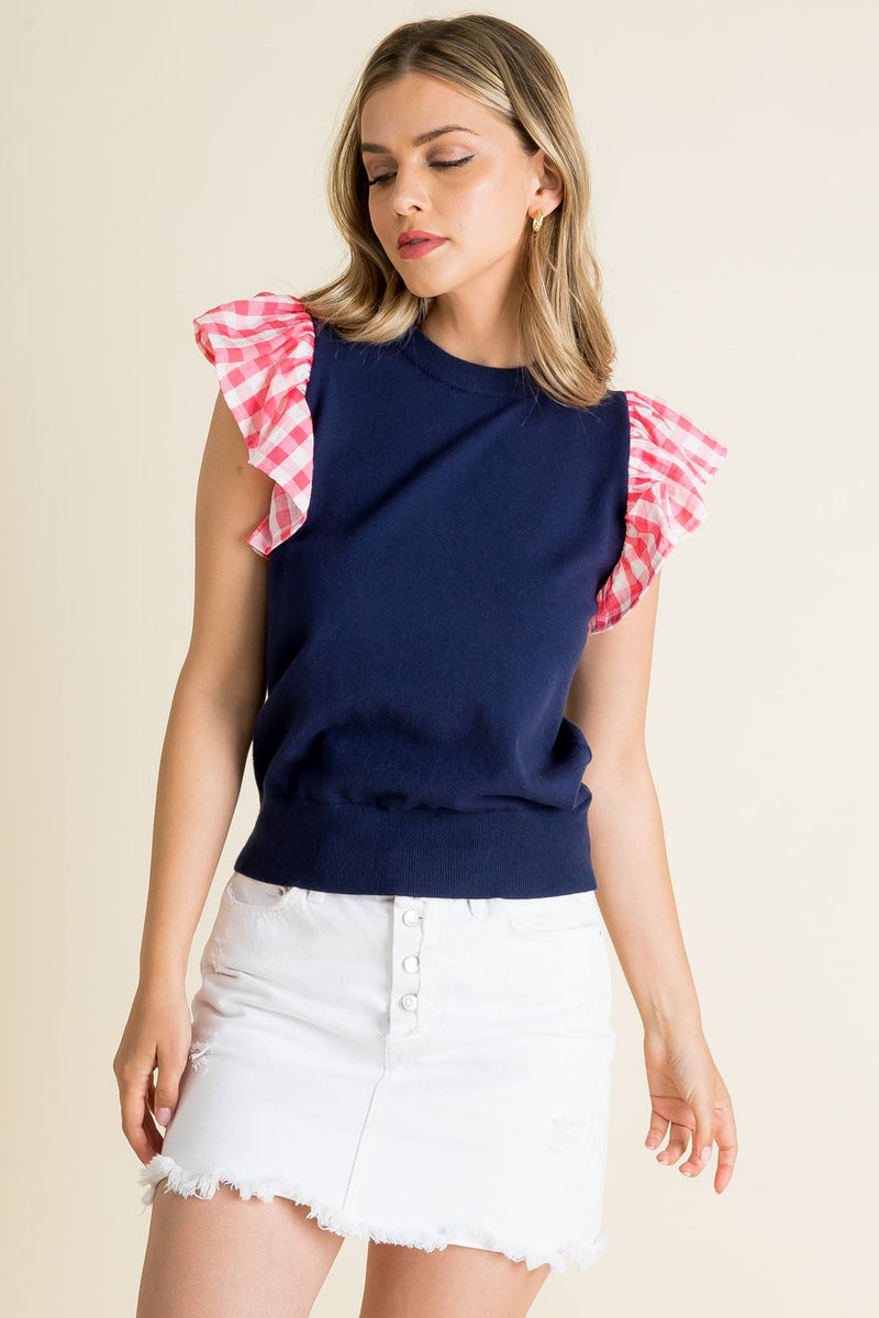 Hannah Gingham & Navy Flutter Sleeve by THML