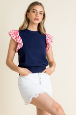 Hannah Gingham & Navy Flutter Sleeve by THML