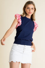 Hannah Gingham & Navy Flutter Sleeve by THML